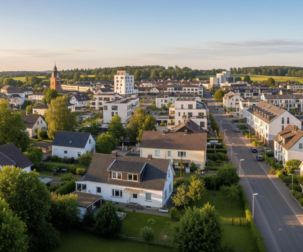 Szeroki kadr ukazuje miasto otoczone zielonymi wzgórzami pod błękitnym niebem z delikatnymi, białymi chmurami. Na pierwszym planie dominują białe domy jednorodzinne z ciemnymi dachami, otoczone bujną, zieloną roślinnością i równo przystrzyżonymi trawnikami, oświetlone ciepłym, złotym światłem zachodzącego słońca. W głębi miasta widać nowoczesne, białe budynki wielorodzinne oraz tradycyjny kościół z ceglaną wieżą i spiczastym dachem, zaś wąskie ulice, obsadzone latarniami, biegną przez całe miasto, a pojedyncze samochody są zaparkowane wzdłuż krawężników.