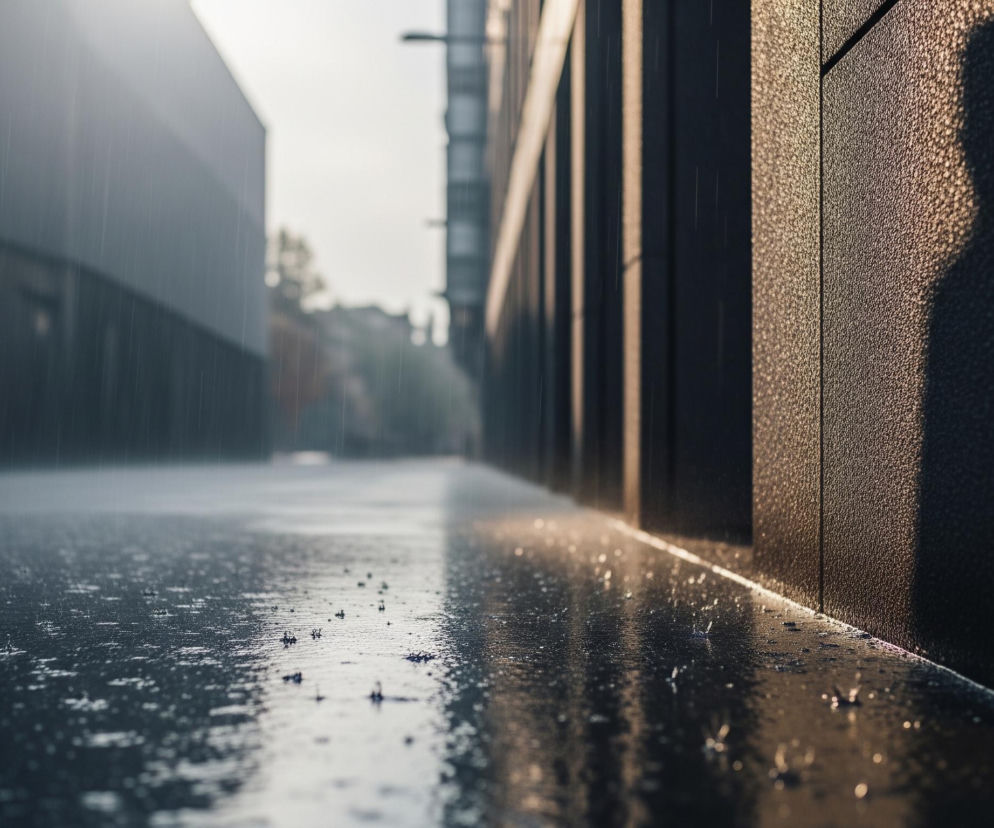 Uliczka w miejskim krajobrazie jest mokra od deszczu, którego krople są widoczne w powietrzu i na ziemi. Po prawej stronie widać ciemną ścianę budynku z ziarnistą teksturą, na której pada światło, tworząc długi, ciemny cień postaci ludzkiej. Lewa strona ukazuje drugi budynek, również ciemny, oddalający się w głąb obrazu, gdzie tło staje się rozmyte i jaśniejsze, a sylwetki drzew i budynków są słabo widoczne. Mokra nawierzchnia odbija światło, tworząc refleksy i plamy.