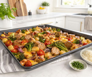 Gnocchi nawet nie gotuję. Wrzucam je na blachę z kiełbasą i cebulą