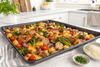Gnocchi nawet nie gotuję. Wrzucam je na blachę z kiełbasą i cebulą