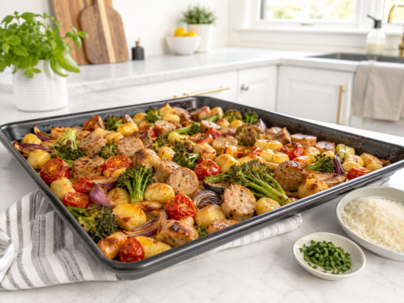 Gnocchi nawet nie gotuję. Wrzucam je na blachę z kiełbasą i cebulą