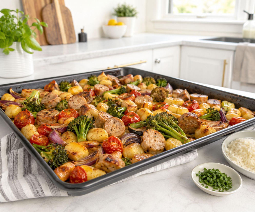 Gnocchi nawet nie gotuję. Wrzucam je na blachę z kiełbasą i cebulą