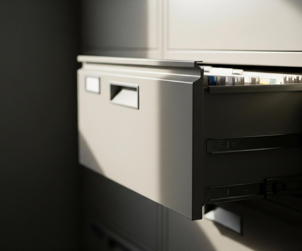 Głównym obiektem jest metalowa, beżowa szuflada na akta, wysunięta częściowo z szafki. Wewnątrz szuflady widać szereg teczek i zakładek w różnych, głównie jasnych kolorach, takich jak biały, niebieski i żółty. Szuflada ma metalowy uchwyt i małą etykietkę, a jej wnętrze jest ciemne, ukazując prowadnice. Na całości obrazu pada światło z prawej strony, tworząc kontrastowe cienie na szufladzie i otoczeniu.