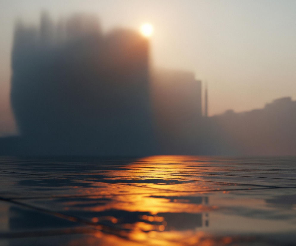 Na pierwszym planie widoczna jest mokra, płaska powierzchnia podzielona na prostokątne segmenty, prawdopodobnie płytki, które odbijają intensywne pomarańczowe światło. To pomarańczowe odbicie rozciąga się od lewej do prawej strony kadru, tworząc jasny pas na podłożu. W tle, powyżej horyzontu, widać zamazane sylwetki budynków o nieregularnych kształtach, z których jeden wyróżnia się wyższą, pionową formą po lewej stronie. Słońce, będące źródłem pomarańczowego światła, jest widoczne jako jasny, rozmyty punkt na prawo od centralnej części tła, częściowo przesłonięte przez jeden z budynków. Cała scena spowita jest mglistą atmosferą o gradientowych barwach, przechodzących od jasnego błękitu i pomarańczu przy horyzoncie, do ciemniejszych odcieni w górnej części obrazu.