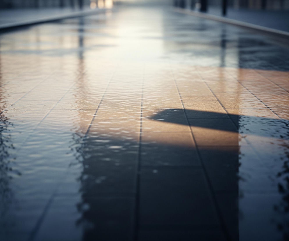 Na zdjęciu widoczna jest mokra powierzchnia chodnika z prostokątnych płyt, częściowo pokryta kałużami, z perspektywą prowadzącą w głąb obrazu. Lewa strona chodnika jest zalana wodą, tworząc lustrzane odbicia otoczenia, z kolei prawa strona jest bardziej sucha i rozjaśniona przez ciepłe, pomarańczowe światło, rzucające długie cienie na płyty. W tle, rozmyte obiekty i smugi światła sugerują miejski krajobraz lub architekturę. Dominują odcienie szarości i błękitu w kałużach, kontrastujące z ciepłymi brązami i beżami suchych płyt.