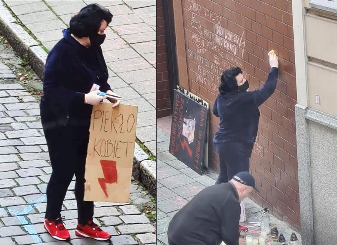 Posłanka PiS Barbara Dziuk usuwa "pozostałości" po manifestacji pod swoim biurem poselskim