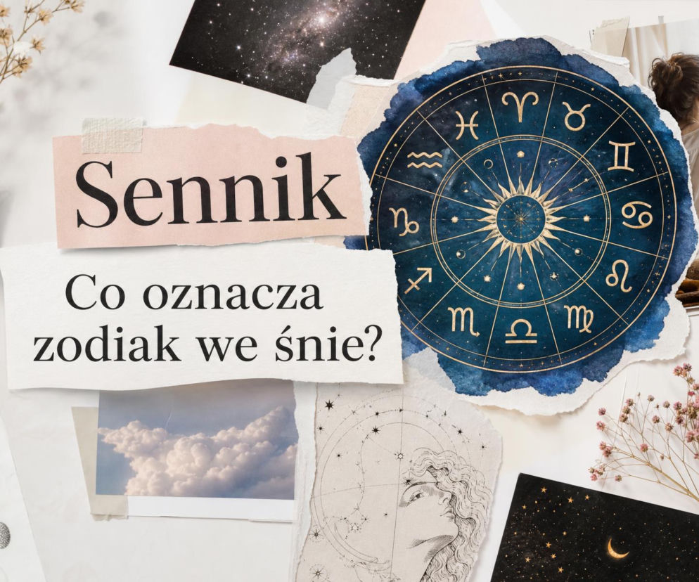 Kolaż ze znakami zodiaku, rozgwieżdżonym niebem i kobietą. O znaczeniu snów przeczytasz na SE.