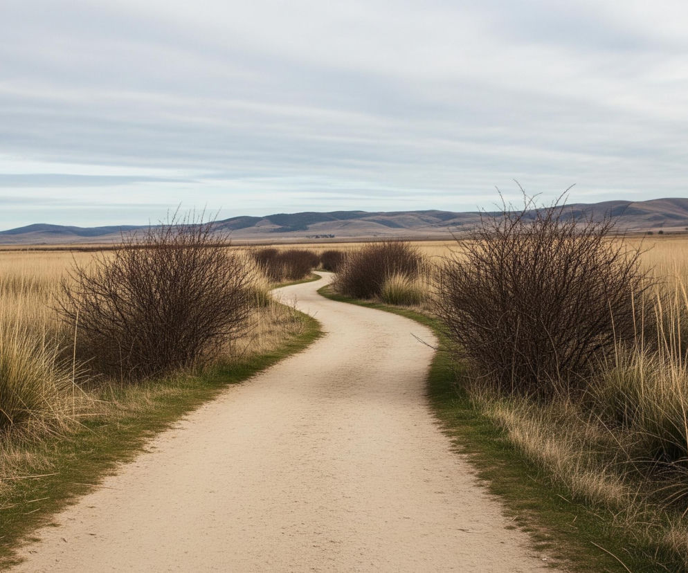 Jasna, piaszczysta ścieżka wije się przez rozległe, żółto-brązowe pola suchej trawy, zanikając w oddali. Po obu stronach ścieżki rosną ciemnobrązowe krzewy bez liści, tworząc korytarz. W tle widać pasmo szaro-brązowych wzgórz pod szerokim, zachmurzonym niebem z poziomymi warstwami chmur.