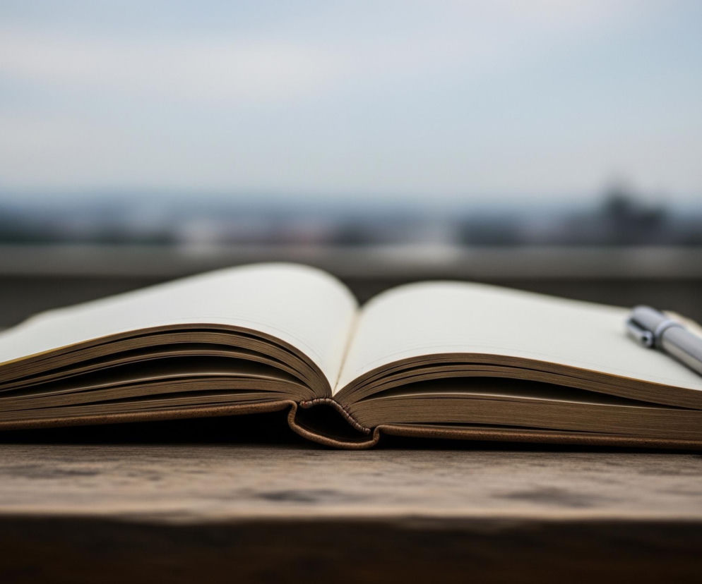 Na pierwszym planie leży otwarty notes lub dziennik z beżowymi, pustymi stronami i brązową okładką, spoczywający na drewnianym blacie. Na prawej stronie notesu leży srebrny, metaliczny długopis skierowany w lewo. Tło jest rozmyte, z widocznym błękitnym niebem i ciemniejszym, niewyraźnym zarysem horyzontu z elementami miejskiego krajobrazu.