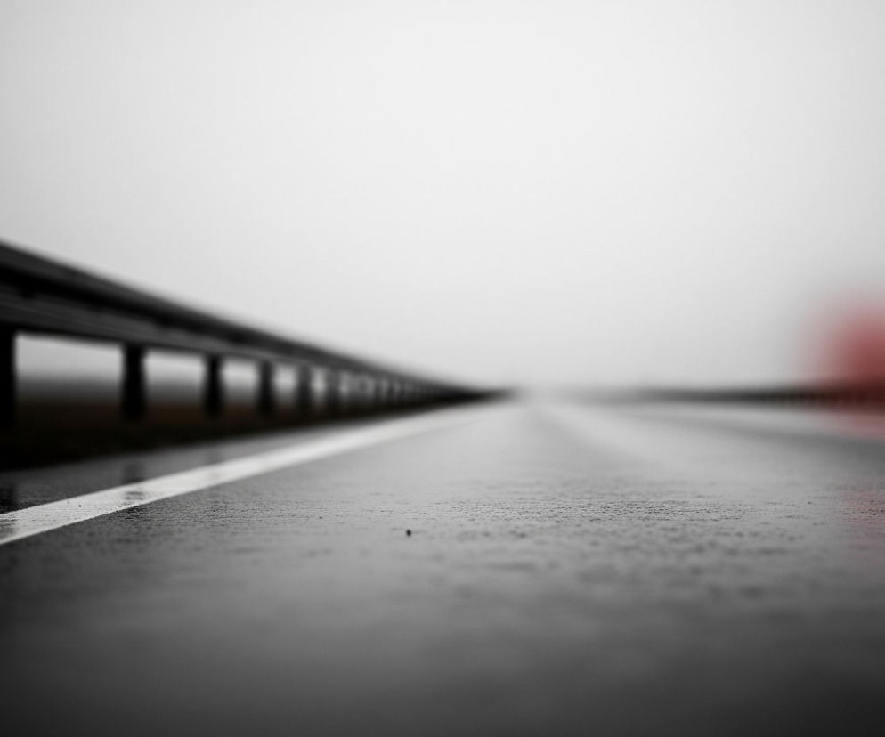 Ciemnoszara, mokra jezdnia z białą, ciągłą linią po lewej stronie dominuje pierwszy plan i rozciąga się w głąb obrazu. Po obu stronach drogi biegną stalowe bariery ochronne, wsparte na ciemnych słupkach, tworząc perspektywiczne linie zbiegające się w oddali. Tło stanowi jasnoszare, rozmyte niebo, w którym po prawej stronie widać rozmazaną, czerwoną plamę.