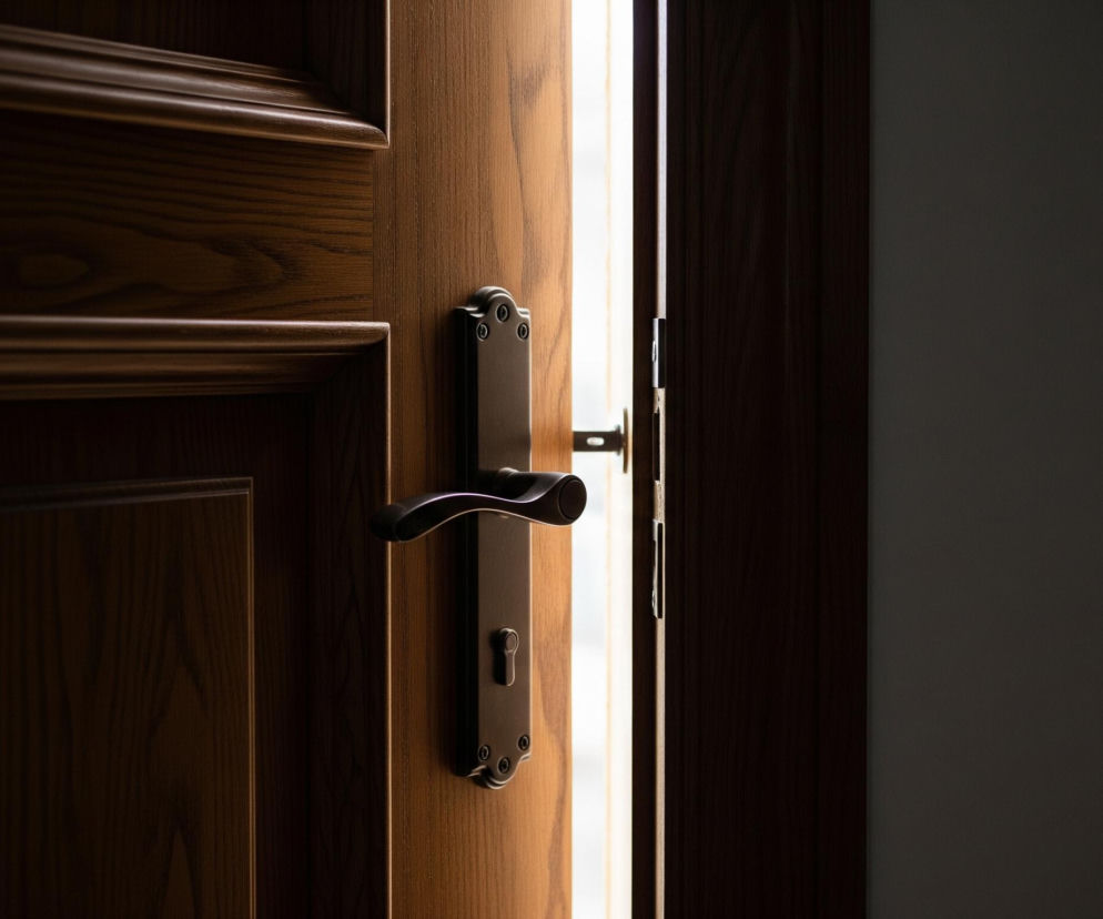 W centralnej części obrazu znajduje się częściowo uchylone drewniane drzwi z ciemnobrązową klamką. Lewa część drzwi, wyraźnie widoczna i teksturowana słojami drewna, jest ciemniejsza niż ich prawa strona, która jest oświetlona jasnym, pionowym pasem światła prześwitującego przez szparę. Klamka jest umieszczona na pionowej, ciemnej płycie z zaokrąglonymi końcami i widocznymi czterema śrubami. Po prawej stronie, za otwartymi drzwiami, dominuje ciemna, jednolita ściana.