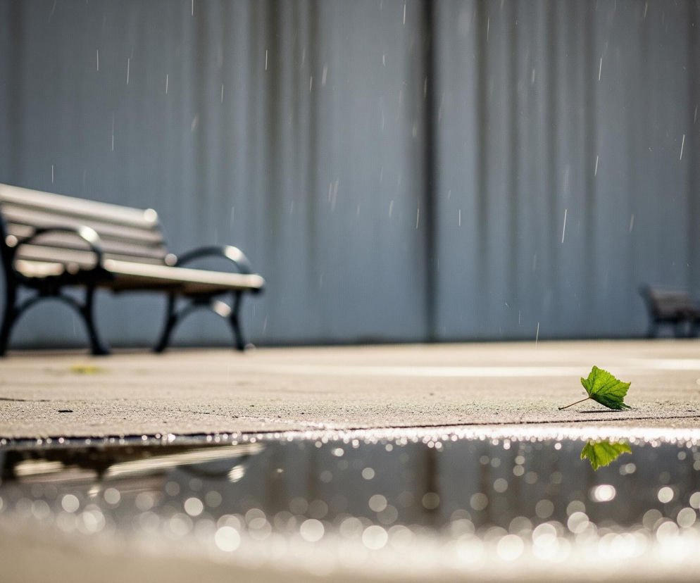 Zielony liść leży na betonowej powierzchni po prawej stronie kadru, z jego odbiciem widocznym w kałuży wody, która zajmuje dół zdjęcia. Powyżej kałuży, na lekko mokrym betonie, spadają pojedyncze krople deszczu, widoczne jako jasne, pionowe linie na ciemniejszym tle. W tle rozmazane są dwie ławki parkowe z ciemnymi, metalowymi oparciami i jasnymi listwami siedzisk, ustawione przed szarą, pionowo użebrowaną ścianą.