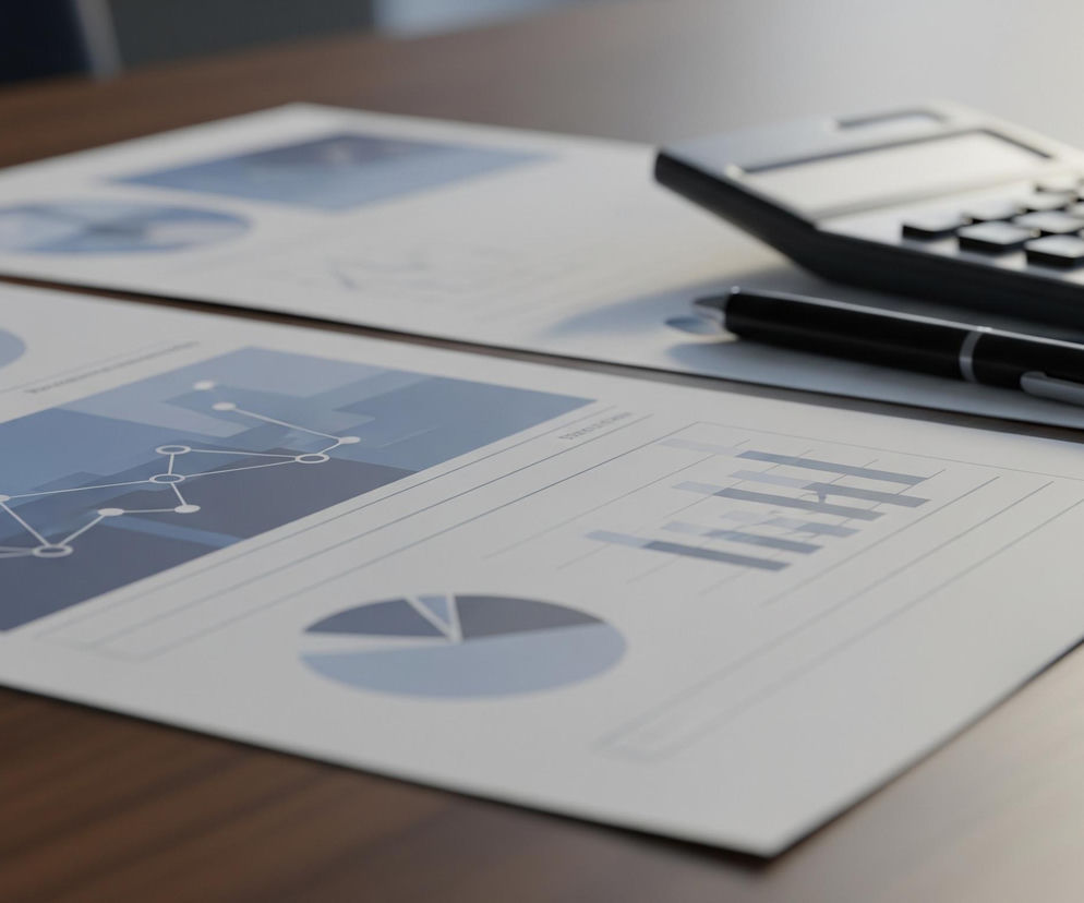 Na pierwszym planie, w lewej części obrazu, leży biała kartka papieru z wydrukowanymi wykresami i diagramami w odcieniach niebieskiego i szarego. Wykresy obejmują diagram kołowy, wykres liniowy z punktami oraz wykres słupkowy. Za nią leży kolejna, podobna kartka, nieco rozmyta. W prawej górnej części zdjęcia, na kartkach papieru, znajduje się czarny kalkulator z wyraźnymi czarnymi klawiszami, a obok niego leży czarny długopis z metalowym klipsem i srebrną końcówką. Wszystkie te przedmioty spoczywają na brązowym, drewnianym blacie, który jest jasny po prawej stronie z powodu rozproszonego światła, tworzącego delikatne cienie.