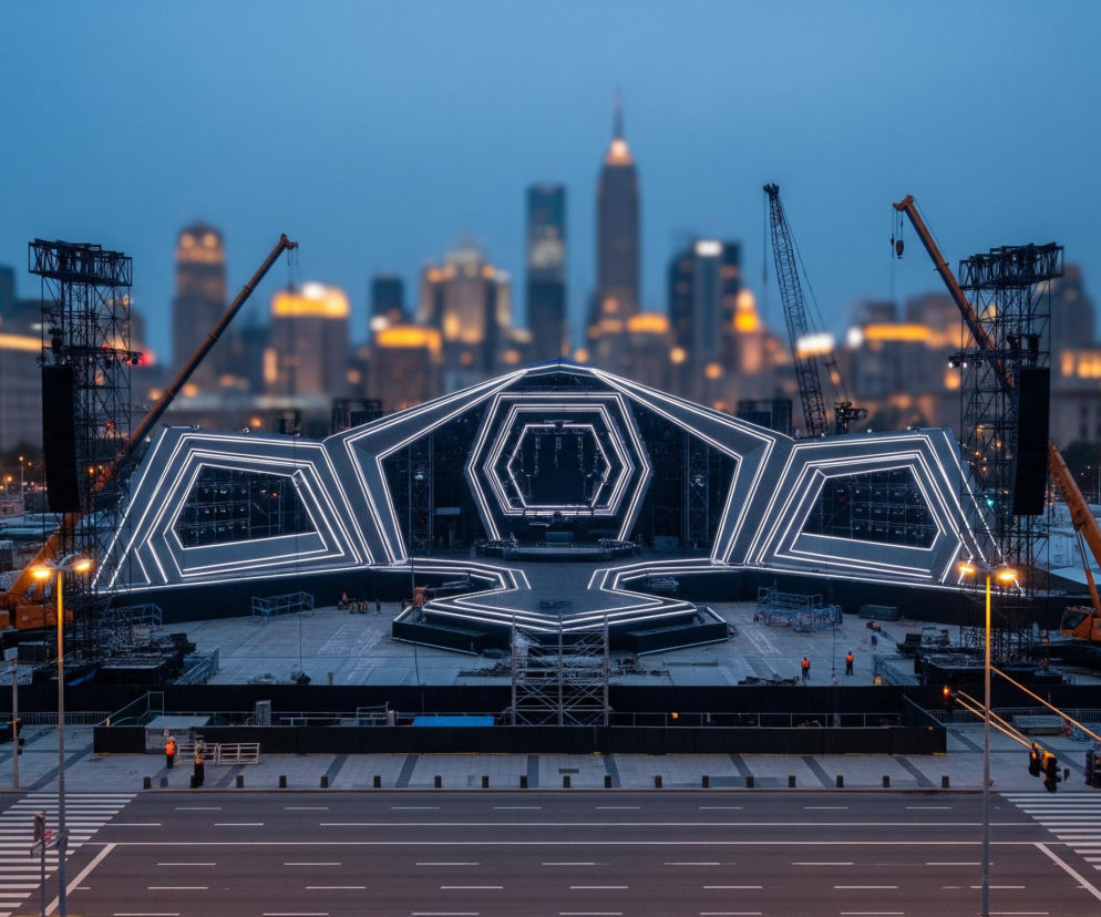 Na pierwszym planie widoczna jest szeroka, pusta ulica z przejściem dla pieszych i liniami rozdzielającymi pasy ruchu, biegnąca równolegle do dolnej krawędzi zdjęcia. Za ulicą rozciąga się plac budowy lub teren przygotowań do wydarzenia, z centralnie umieszczoną dużą, geometryczną sceną o konstrukcji przypominającej złożone sześciany i heksagony, podświetloną jasnymi białymi liniami. Po obu stronach sceny stoją wysokie, kratownicowe wieże nagłośnieniowe lub oświetleniowe, a obok nich pomarańczowe żurawie budowlane. W tle zarysowuje się rozmyta panorama miasta z licznymi, podświetlonymi budynkami, a nad wszystkim góruje ciemnobłękitne niebo o zmierzchu.