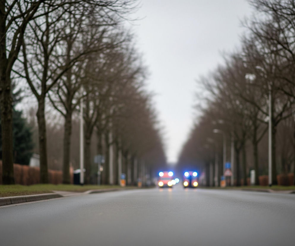 Długa, pusta droga asfaltowa biegnie przez środek kadru, z chodnikiem i pasami zieleni po obu stronach. Wzdłuż drogi po obu stronach rosną rzędy wysokich drzew z nagimi gałęziami, tworząc aleję, która niknie w oddali. Na horyzoncie, w tle, widoczne są rozmyte światła, w tym niebieskie migające światła alarmowe oraz pomarańczowe i białe światła pojazdów, sugerując obecność służb ratunkowych lub innych pojazdów. Cała scena utrzymana jest w stonowanych, szarych i brązowych barwach, a niebo jest zachmurzone i jasnoszare.