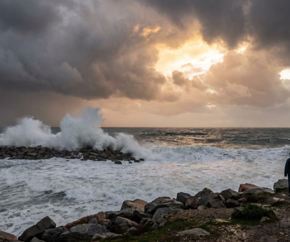 Dwie osoby w kurtkach przeciwdeszczowych obserwują wzburzony ocean z dużymi falami uderzającymi o kamienny falochron. Niepokojące prognozy ekspertów dotyczące historycznego maksimum temperatury oceanów, o czym możesz przeczytać na naszym portalu, odzwierciedlają te dramatyczne zmiany klimatyczne. W tle burzowe chmury z przebłyskami słońca.
