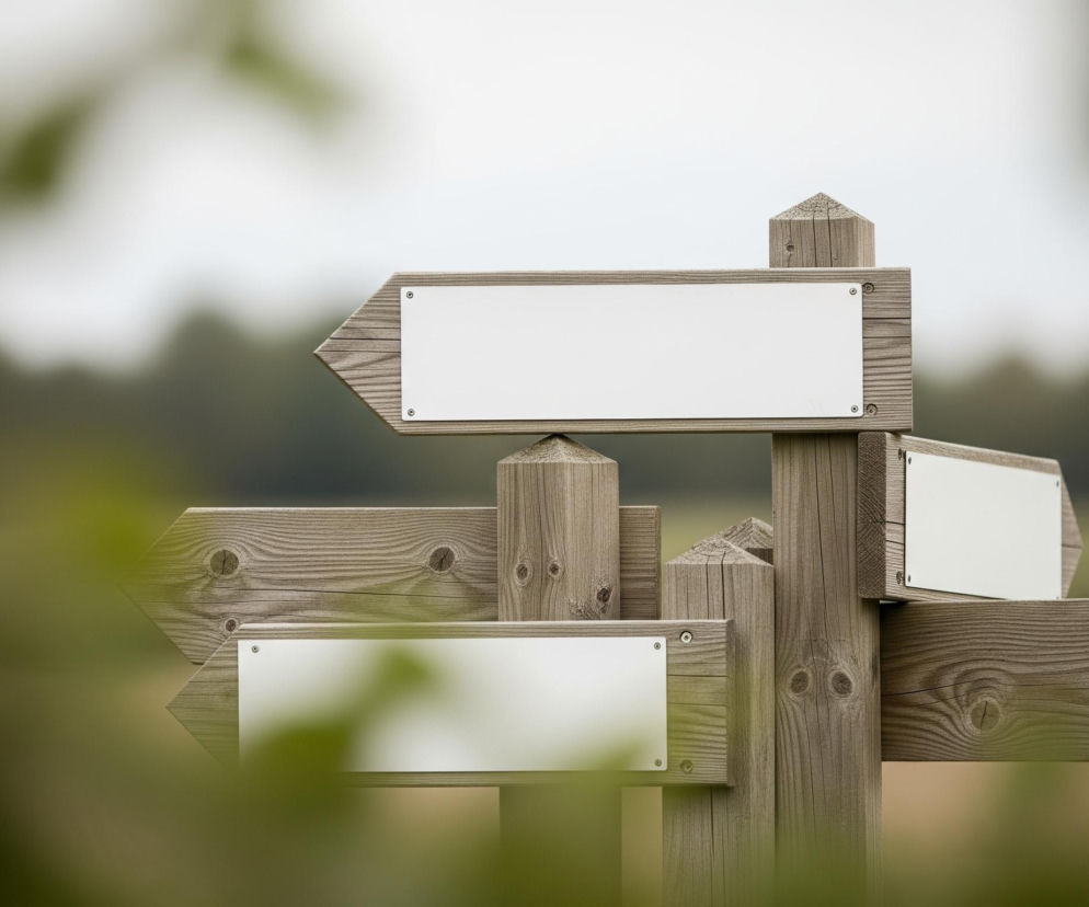 Centralnym elementem jest drewniany drogowskaz składający się z pionowego słupka i sześciu wskazujących strzałek. Strzałki są wykonane z desek z widocznym usłojeniem drewna i sękami, na ich powierzchniach znajdują się puste, białe prostokątne tabliczki przymocowane metalowymi śrubami. Dwie strzałki wskazują w lewo, dwie w prawo, jedna w górę, a jedna w dół, wszystkie tabliczki są puste. Tło jest rozmyte, przedstawia zielone liście na pierwszym planie, a za drogowskazem rozciąga się ciemnozielona linia drzew lub krzewów pod jasnym, prawdopodobnie zachmurzonym niebem.