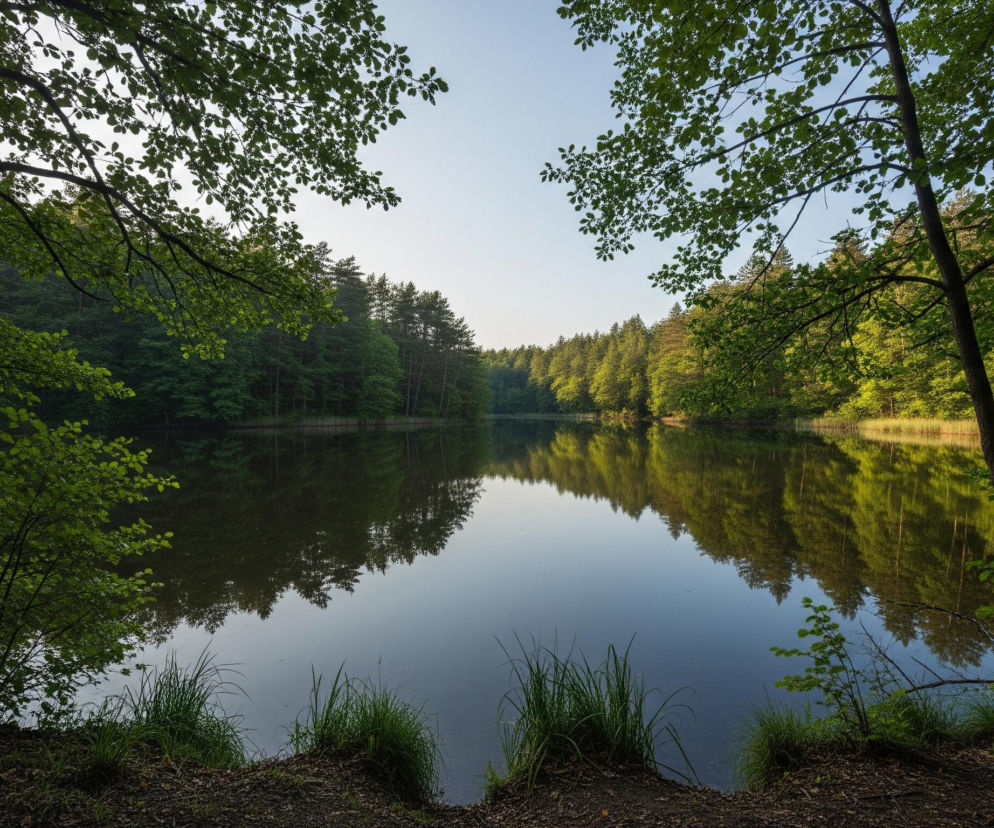Lustrzane, spokojne jezioro zajmuje centralną część obrazu, odbijając otaczający je, gęsty las. Brzegi jeziora są porośnięte bujną zielenią liściastych drzew, które tworzą naturalną ramę po lewej i prawej stronie, a ich korony częściowo zasłaniają jasne, bezchmurne niebo. Odcienie zieleni w lesie wahają się od ciemnych do jasnozielonych, szczególnie po prawej stronie, gdzie liście wydają się jaśniejsze od słońca. Na pierwszym planie, u dołu obrazu, widać ciemną ziemię pokrytą liśćmi i kępki wysokiej, zielonej trawy wystające z brzegu jeziora.