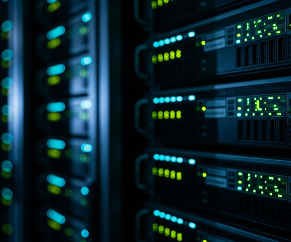 Kadruje obraz rząd czarnych serwerów z licznymi zielonymi i niebieskimi światłami LED, umieszczonych w szafie serwerowej, widocznych z perspektywy z prawej strony. Serwery po prawej stronie są w ostrości, ukazując wyraźnie ich frontowe panele z pulsującymi zielonymi diodami symbolizującymi aktywność dysków i status systemu, oraz niebieskie kontrolki. Po lewej stronie, dalsze rzędy serwerów są rozmyte, tworząc efekt bokeh z okrągłymi plamami światła w odcieniach zieleni i błękitu, co podkreśla głębię obrazu i skupia uwagę na pierwszym planie. Ogólna paleta barw jest ciemna z dominantą odcieni granatu i błękitu, rozświetlona przez jaskrawe, neonowe światła.