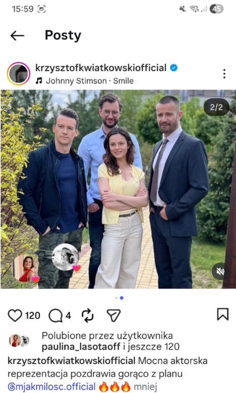 M jak miłość po wakacjach. Jakub Karski (Krzysztof Kwiatkowski), Mariusz (Mateusz Mosiewicz), Kasia (Paulina Lasota), Aleksander Sowiński (Mikołaj Krawczyk) na planie