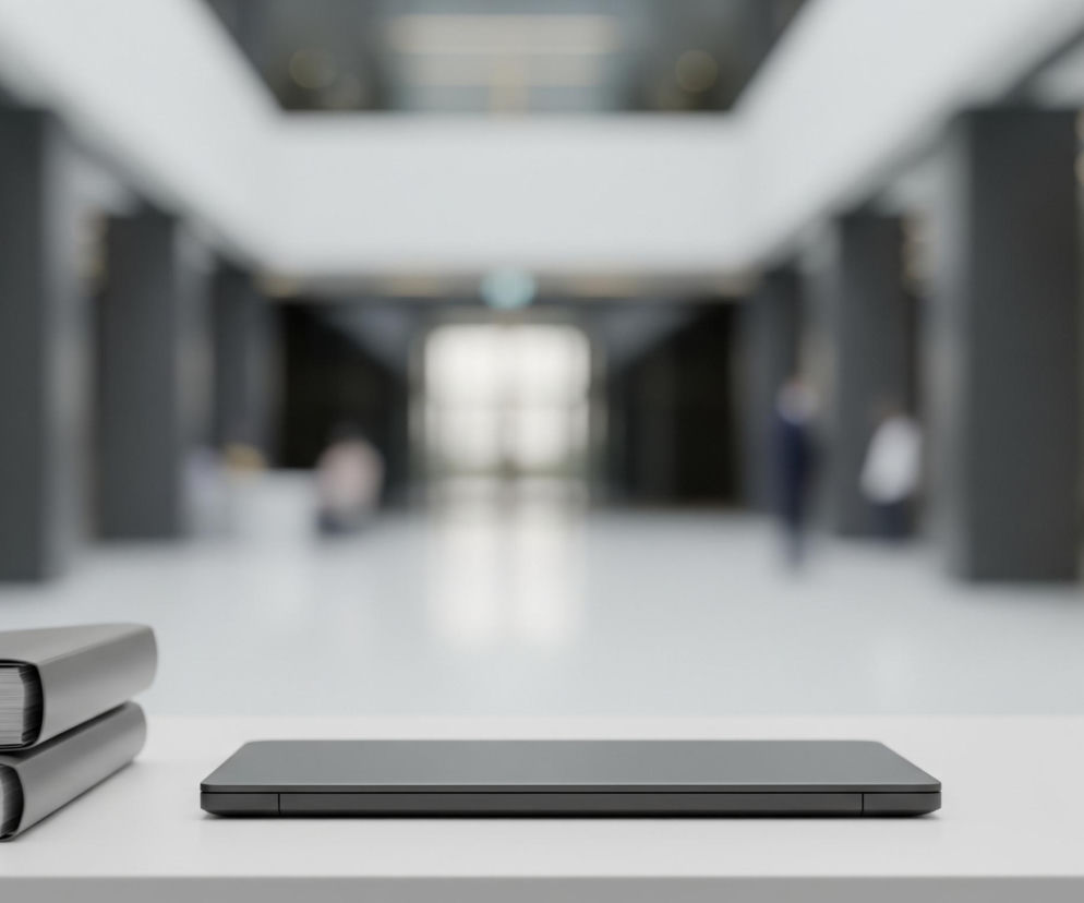 Na pierwszym planie, z lewej strony, znajdują się dwie książki lub teczki ułożone jedna na drugiej, obie w szarych, jednolitych okładkach. Pośrodku, na białym blacie, leży ciemnoszary, prostokątny obiekt przypominający tablet lub laptop. Tło jest rozmyte, przedstawiając wnętrze nowoczesnego budynku z wysokim sufitem i oświetleniem wpadającym z góry, gdzie niewyraźne sylwetki ludzi przemieszczają się między jasnymi filarami i ciemnymi ścianami.