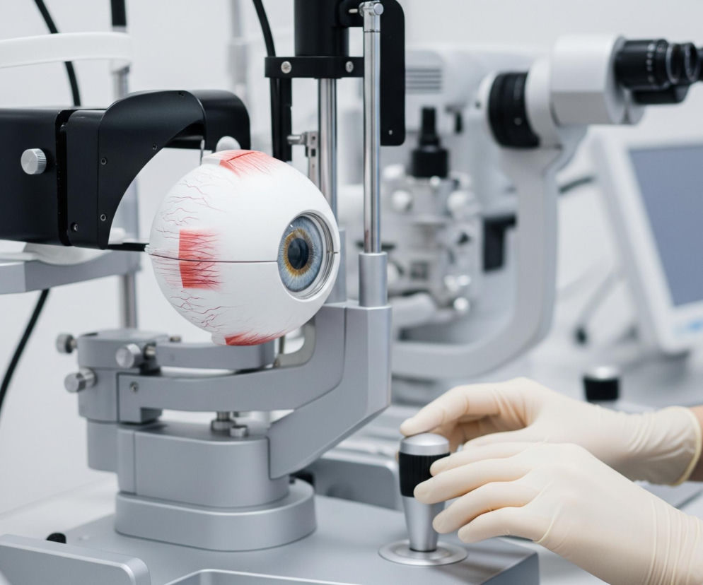 W centralnym punkcie obrazu znajduje się model ludzkiego oka w powiększeniu, umieszczony na specjalnym statywie w gabinecie okulistycznym. Model, w kolorach bieli z czerwonymi żyłkami na powierzchni i niebieską tęczówką, osadzony jest w srebrzystym uchwycie, który stanowi część większego urządzenia diagnostycznego. Po prawej stronie, w dolnej części kadru, widać ręce ubrane w beżowe rękawiczki medyczne, manipulujące pokrętłami i elementami sterującymi urządzenia. Tło jest rozmyte, ale widoczne są inne fragmenty sprzętu medycznego w odcieniach bieli, szarości i czerni, w tym monitor cyfrowy.