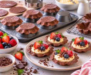 Odwracam formę do muffinek i robię czekoladowe kwiaty. Wyglądają jak z cukierni