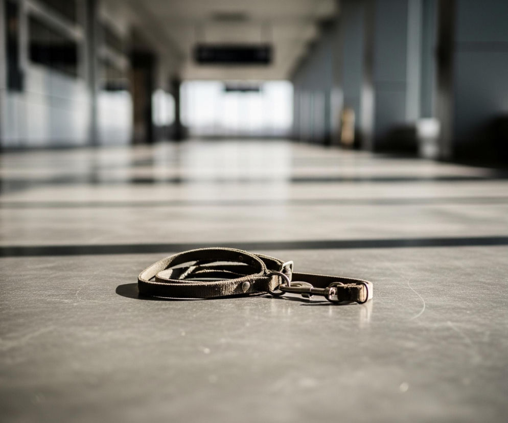 Na pierwszym planie, na szarej, matowej powierzchni z widocznymi zarysowaniami, leży ciemnozielona parciana smycz lub obroża, zwinięta w okrągły kształt, z widocznym metalowym karabińczykiem i sprzączką. Na obiekcie i pod nim widać wyraźny cień, padający z lewej strony, co świadczy o silnym źródle światła. Tło jest rozmyte, ukazując długi korytarz z rzędami filarów po bokach oraz dużymi oknami na końcu, przez które wpada jasne światło.