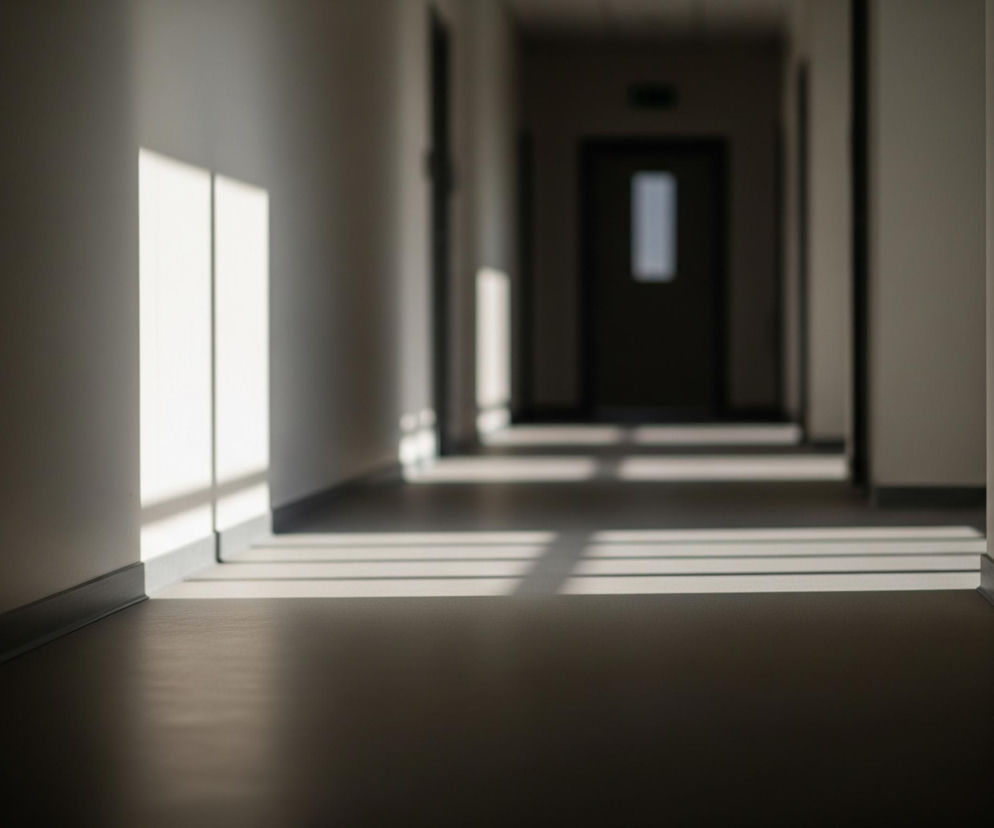 Wąski korytarz rozciąga się w głąb obrazu, z ciemnymi drzwiami widocznymi w tle. Na lewej ścianie znajduje się prostokątny, jasny obszar światła słonecznego, rzucający równoległe cienie na podłogę. Dolna część prawej ściany jest pogrążona w cieniu. W oddali, nad drzwiami, widać zielony znak wyjścia ewakuacyjnego.