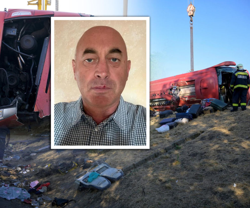 Czerwony autokar leży na boku po wypadku. Na wstawce kierowca Grzegorz Wojtoń. O tragedii na Węgrzech przeczytasz na SE.