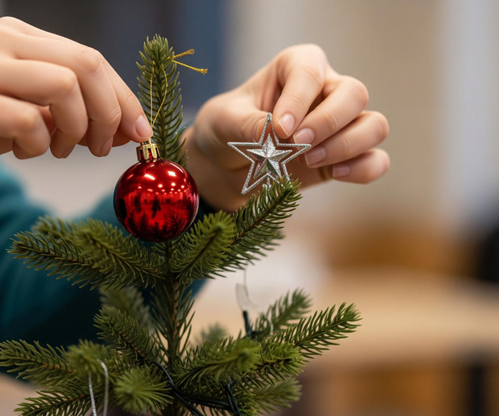 Dłonie osoby w zielonym swetrze dekorują małe, sztuczne drzewko iglaste. Lewa dłoń trzyma czerwoną, błyszczącą bombkę z złotą zawieszką, a prawa dłoń trzyma srebrną, brokatową gwiazdkę. Gałązki drzewka są ciemnozielone, a w tle widać rozmyte, jasne pomieszczenie z elementami w kolorze beżu i brązu.