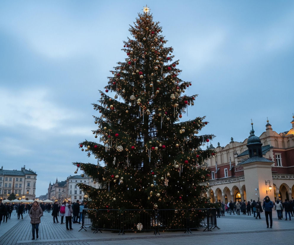 W centrum kadru wznosi się wysoka, rozłożysta choinka, bogato udekorowana licznymi, świecącymi lampkami, czerwonymi i złotymi bombkami oraz ozdobami imitującymi sople lodu, a na jej szczycie znajduje się złota gwiazda. Dookoła podstawy choinki widoczne są czarne, metalowe barierki ochronne, za którymi przechodzą i gromadzą się ludzie. Po prawej stronie rozciąga się długi, zabytkowy budynek z podcieniami, podświetlony ciepłym światłem, a w tle widać inne budynki miejskie, niektóre z nich z fasadami w odcieniach beżu i czerwonej cegły, oraz niebo w kolorze błękitno-szarym.