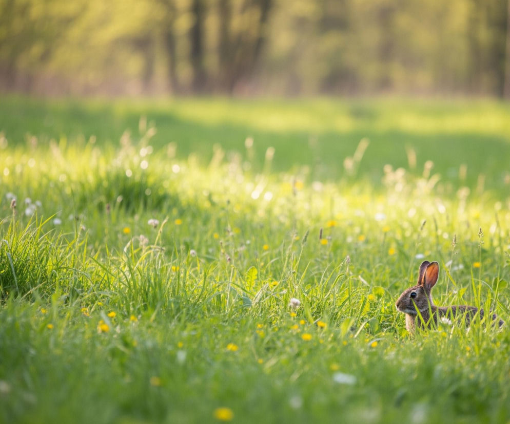 W prawym dolnym rogu obrazu, wśród soczystej, zielonej trawy, znajduje się brązowy zając, którego futro ma odcienie szarości i beżu. Jego ciemne oczy są skierowane w prawo, a uszy, wyraźnie oświetlone od tyłu, mają różowo-brązowe wnętrze. Trawa, częściowo w cieniu, a częściowo skąpana w ciepłym, rozproszonym świetle słonecznym, zawiera również białe i żółte, drobne kwiaty. W tle, rozmyte drzewa tworzą zielono-brązową poświatę, co wskazuje na gęsty las lub zagajnik.