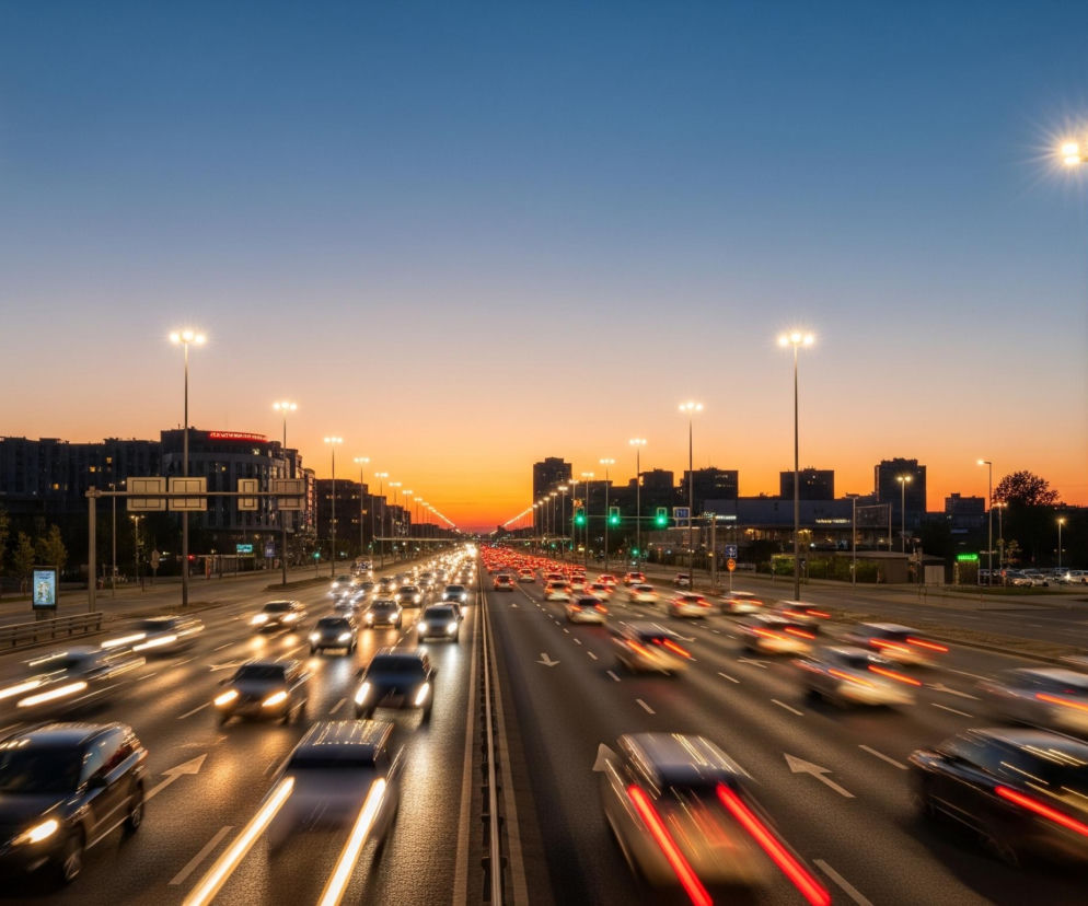 Szeroka, ruchliwa autostrada przecina centrum zdjęcia, wypełniona samochodami jadącymi w obu kierunkach, z których wiele jest rozmytych, tworząc smugi świateł. Niebo jest stopniowane, przechodząc od błękitu na górze do pomarańczowego i żółtego odcienia zachodu słońca nad horyzontem, gdzie widoczne są sylwetki budynków miejskich i drzew. Wzdłuż autostrady, po obu stronach, rozmieszczone są wysokie latarnie uliczne z jaskrawo świecącymi lampami, tworzącymi gwiazdiaste odblaski.