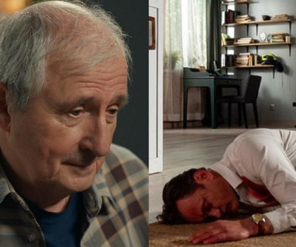 Zestawienie dwóch kadrów z serialu Barwy szczęścia. Po lewej Jacek Kałucki jako Krzysztof Jaworski w koszuli w kratę, po prawej Paweł Ławrynowicz jako Stefaniak, leżący martwy na podłodze z plamą krwi na białej koszuli. O wydarzeniach przeczytasz na stronie Super Seriale.