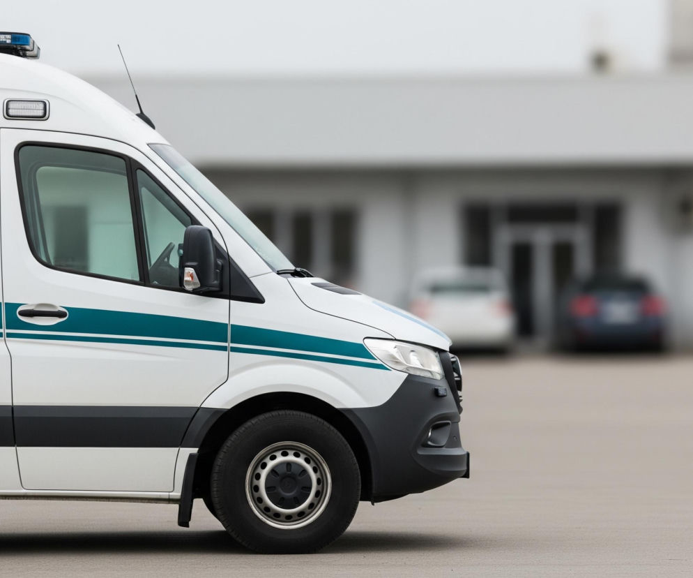 Biała furgonetka z ciemnozielonym pasem biegnącym wzdłuż boku stoi na szarym asfalcie. Na dachu pojazdu znajduje się niebieska lampa błyskowa. Czarne okna pojazdu odbijają światło, a z przodu widać część lusterka bocznego i przednią lampę. Tło jest rozmyte, ukazując szary budynek i kilka niewyraźnych samochodów.