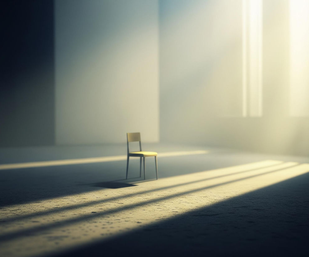 W centrum obrazu znajduje się puste, żółto-drewniane krzesło stojące na ciemnej, szorstkiej podłodze. Krzesło jest podświetlone smugami jasnego, ciepłego światła, które padają z prawej strony kadru, tworząc długie cienie na ziemi. Otoczenie to przestronne, minimalistyczne pomieszczenie z jasnymi ścianami po lewej stronie i ciemniejszymi partiami po prawej, gdzie światło wydaje się być intensywniejsze.