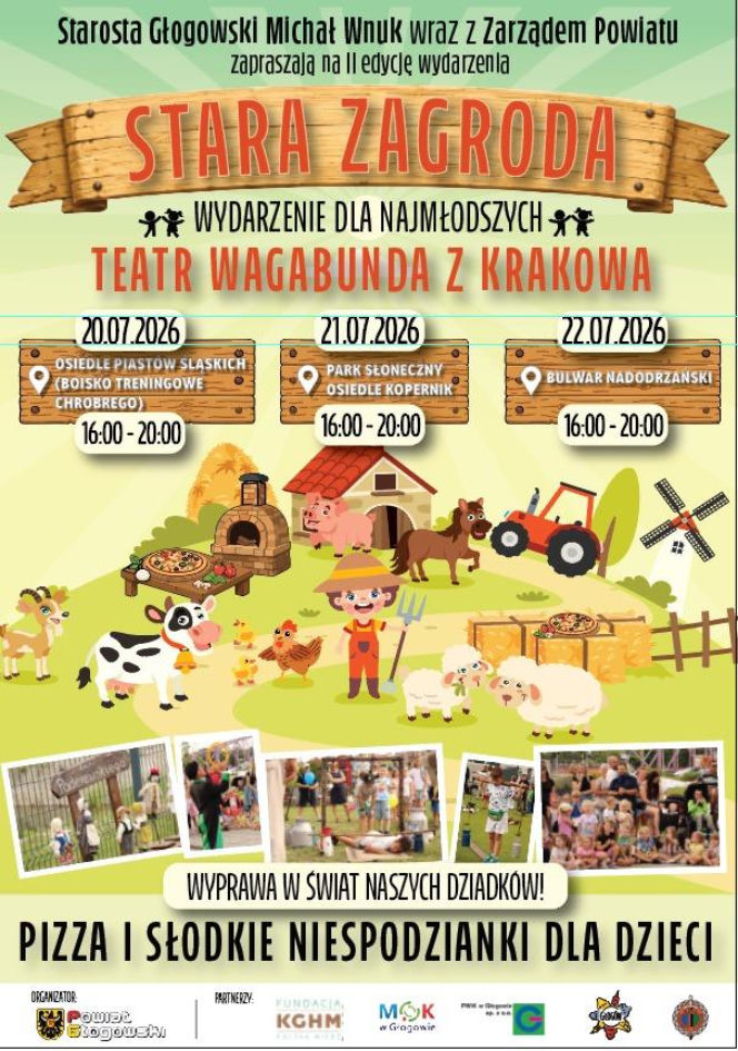 Plakat wydarzenia Stara Zagroda z Teatrem Wagabunda. O atrakcjach dla dzieci w Głogowie przeczytasz na Radioplus.