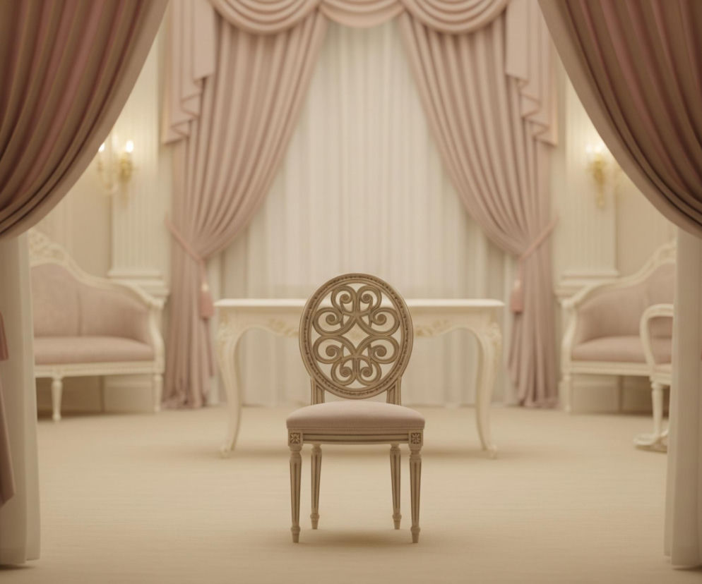 W centralnej części obrazu znajduje się beżowe krzesło z owalnym oparciem wypełnionym dekoracyjnym, symetrycznym wzorem. Krzesło stoi na jasnym, beżowym dywanie, a za nim widoczny jest długi, biały stół z rzeźbionymi nogami. Po obu stronach obrazu, na pierwszym planie, rozciągają się różowe zasłony, upięte ozdobnymi chwostami, tworząc wrażenie portalu. W tle, po lewej i prawej stronie, znajdują się różowe kanapy z białymi, rzeźbionymi ramami, a na ścianach wiszą złote, kunsztowne kinkiety oświetlające delikatnie pomieszczenie.