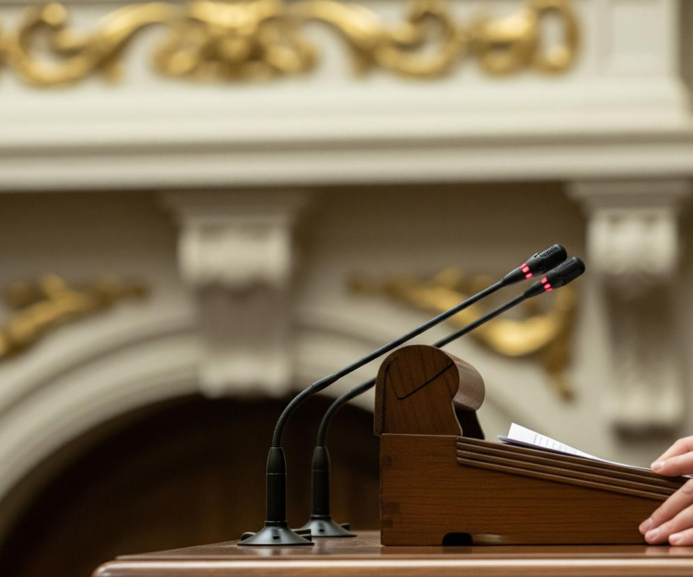 Na pierwszym planie, z prawej strony, leżą męskie dłonie na brązowej, drewnianej mównicy, ubrany w granatowy garnitur z białą koszulą wystającą z rękawów. Z przodu mównicy, na stole, stoją dwa czarne mikrofony z czerwoną diodą na końcówkach, skierowane w lewo. Na lewym końcu mównicy widoczne są kartki papieru. Tło jest rozmazane, przedstawiając jasnobeżową ścianę z dekoracyjnymi, złoconymi elementami.