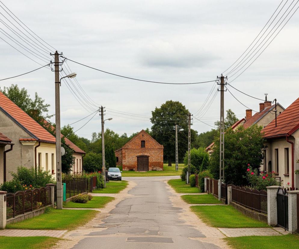 Szeroka, asfaltowa droga biegnie przez środek wiejskiej ulicy, otoczonej po obu stronach domami z czerwonymi dachami i zadbanymi ogrodami. Domy po lewej mają szare elewacje i prostokątne okna, a ich płoty składają się z metalowej siatki i murowanych słupków. Po prawej stronie dominują domy o jasnych elewacjach, z oknami zakończonymi u góry łukiem, a ich płoty są brązowe, drewniane, z murowanymi słupkami.

Wzdłuż drogi rozmieszczone są betonowe słupy energetyczne z licznymi przewodami, które przecinają niebo, pod którym rozpościerają się szare, zachmurzone chmury. Na końcu drogi, w oddali, widać większy budynek z cegły z ciemnymi, drewnianymi drzwiami, otoczony bujną zielenią drzew. Przed nim zaparkowany jest srebrny samochód.