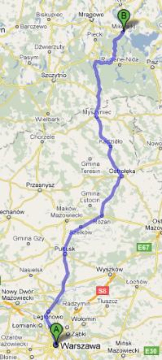 Trasa 61 Warszawa-Mikołajki - mapka