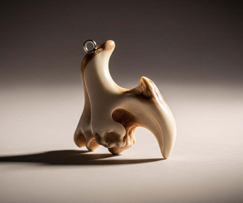 Na beżowym tle z gradientem kolorów, od jasnego do ciemnego, stoi ozdobny przedmiot przypominający szpon lub ząb. Obiekt ma kremową barwę z brązowymi przebarwieniami i wyraźnymi wypustkami. Na jego szczycie umieszczony jest mały, srebrny pierścień. Przedmiot rzuca długi, ciemny cień na powierzchnię, na której stoi, rozciągający się w lewo.