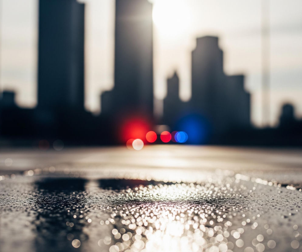 Pierwszy plan przedstawia mokrą, czarną nawierzchnię drogi, pokrytą licznymi kroplami wody, które odbijają światło, tworząc rozmyte, jasne punkty bokeh. Woda na drodze jest wyraźna i szczegółowa. Dalej w tle, za mokrą nawierzchnią, rozciąga się miejski pejzaż z niewyraźnymi sylwetkami wysokich budynków w kolorze ciemnoszarym, które odcinają się od jasnego, nieco zamglonego nieba. Pomiędzy budynkami w tle, na wysokości jezdni, widać dwa rzędy rozmytych świateł: czerwone po lewej stronie i niebieskie po prawej, prawdopodobnie należące do pojazdów uprzywilejowanych. Słońce, lub inne jasne źródło światła, znajduje się za budynkami, w centrum kadru, tworząc silny odblask.
