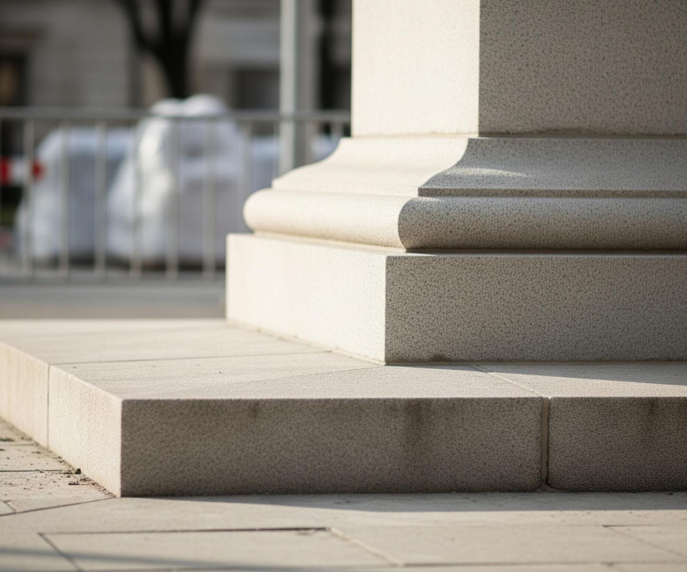 Na pierwszym planie widoczna jest podstawa kamiennego cokołu lub filaru o ziarnistej teksturze w jasnym, beżowym kolorze, składająca się z kilku poziomów o różnej wysokości, rzucająca długie cienie na poziome płyty chodnikowe. Za cokołem, w tle, znajduje się metalowe ogrodzenie z poziomych i pionowych prętów, za którym majaczą rozmyte białe i czerwone pasy. Główna część cokołu i górne fragmenty ogrodzenia są oświetlone słońcem, podczas gdy reszta obrazu pozostaje w cieniu, tworząc kontrastowe rozjaśnienia i zacienienia.