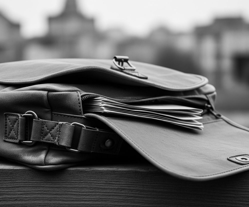 Ciemna, skórzana teczka lub torba leży otwarta na drewnianej powierzchni, ukazując ułożone w niej, jasne kartki papieru. Główna klapa teczki jest uniesiona i zwisa w dół po prawej stronie kadru, a jej krawędzie są obszyte, widoczny jest też zatrzask. Po lewej stronie torby znajdują się paski z metalowymi sprzączkami i pierścieniami, przyszyte do materiału teczki. Tło jest rozmyte, ale widać zarysy budynków i drzew.