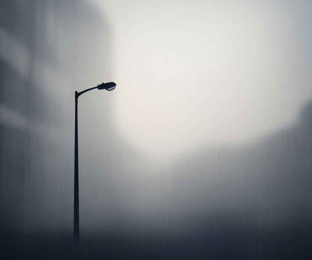 Pionowa, ciemna latarnia uliczna z zakrzywionym ramieniem i oprawą oświetleniową, znajduje się po lewej stronie kadru. Jej górna część jest nieznacznie jaśniejsza, a oprawa latarni ma widoczny, jaśniejszy element świetlny. Tło składa się z rozmytych, ciemnoszarych kształtów, sugerujących budynki, z jaśniejszym, rozmytym niebem po prawej stronie. Cała scena jest zamglona lub deszczowa, z widocznymi, pionowymi, cienkimi smugami na pierwszym planie i w tle, co nadaje obrazowi melancholijny, jednolity charakter.