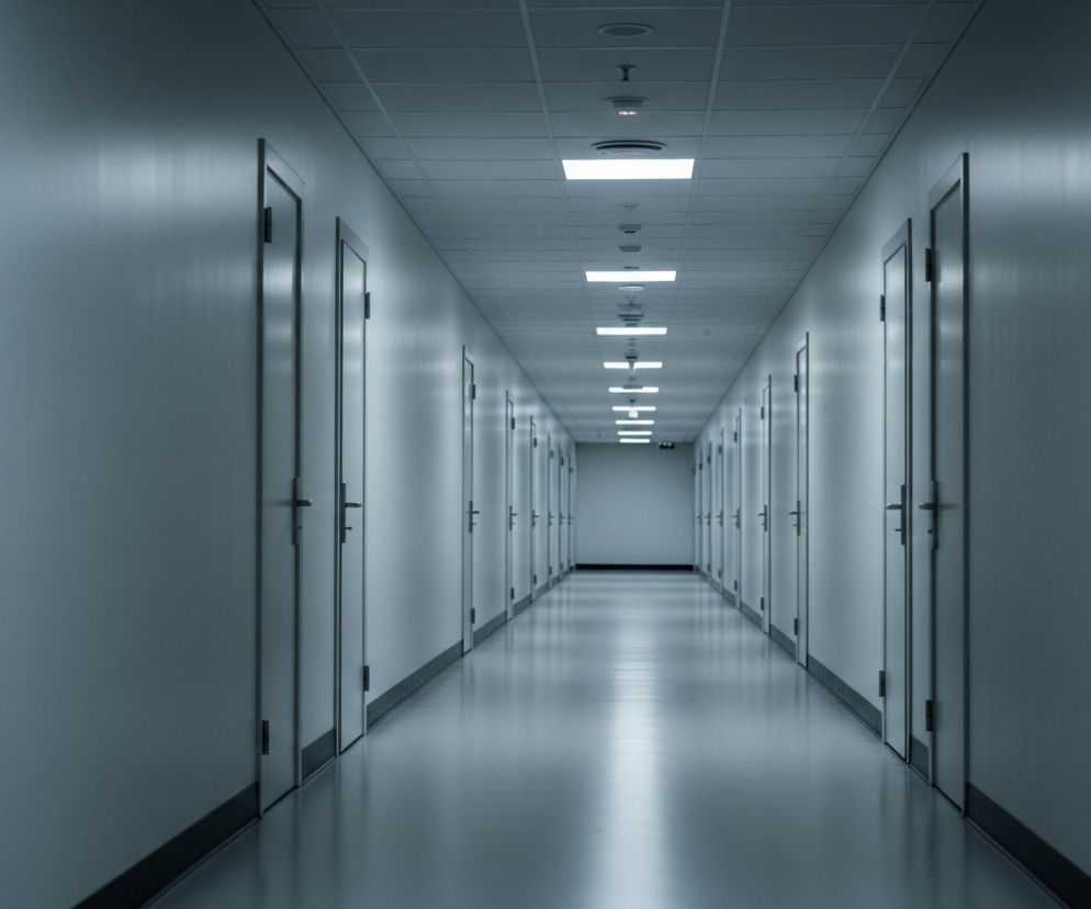 Długi, symetryczny korytarz o stonowanej, niebiesko-szarej kolorystyce rozciąga się w głąb obrazu. Po obu stronach widoczne są szeregi identycznych, jasnych drzwi z ciemnymi klamkami, tworzące efekt perspektywy zbieżnej. Sufit korytarza wyłożony jest kwadratowymi płytami, w których regularnie rozmieszczone są prostokątne i okrągłe oprawy świetlne, niektóre z nich emitują jasne, białe światło. Podłoga jest gładka i odbija światło, tworząc lśniące smugi, które podkreślają długość i głębię przestrzeni.