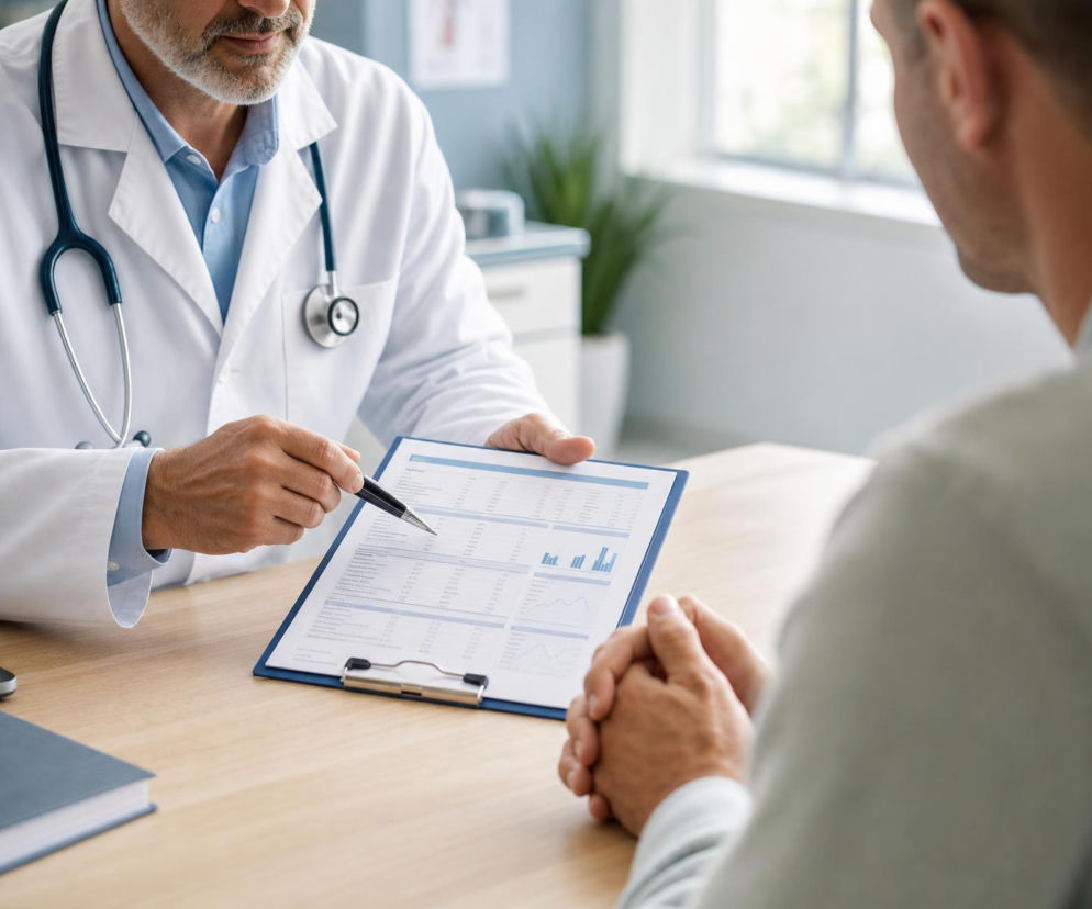 Lekarz pokazuje pacjentowi wyniki prób wątrobowych. O tym, kiedy potrzebna jest diagnostyka, przeczytasz na Poradnik Zdrowie.