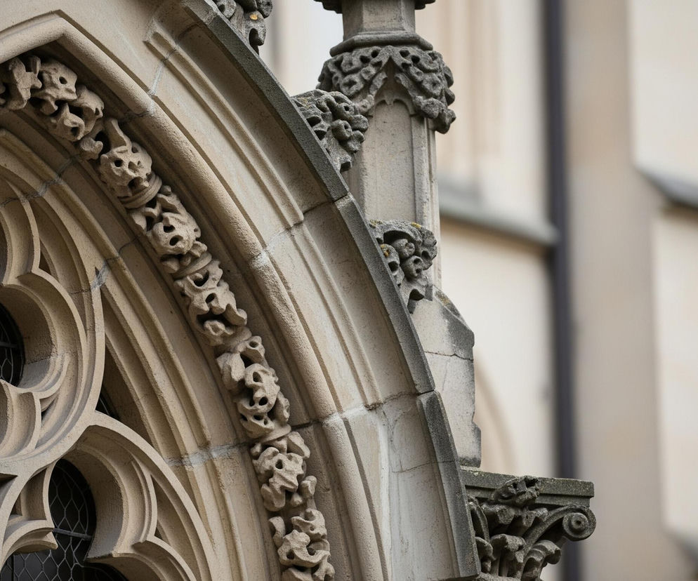 Centralnie widoczny jest fragment gotyckiego łuku wykonany z jasnego kamienia, ozdobiony misternymi rzeźbieniami przypominającymi liście i stylizowane twarze. Wewnątrz łuku znajduje się okno z ciemnymi szybami, zabezpieczone metalową siatką o nieregularnym, romboidalnym wzorze. Po prawej stronie łuku wznosi się pionowy element architektoniczny, również z kamienia, z ozdobnym kapitelem na szczycie. Tło stanowi rozmyta, jasna ściana budynku z niewyraźnymi elementami okiennymi po prawej.